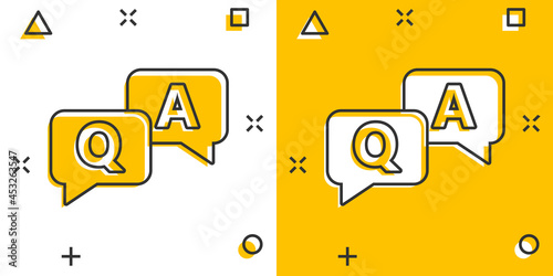 Question and answer icon in comic style. Discussion speech bubble vector cartoon illustration pictogram. Question, answer business concept splash effect.