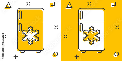 Fridge refrigerator icon in comic style. Freezer container vector cartoon illustration pictogram. Fridge business concept splash effect.