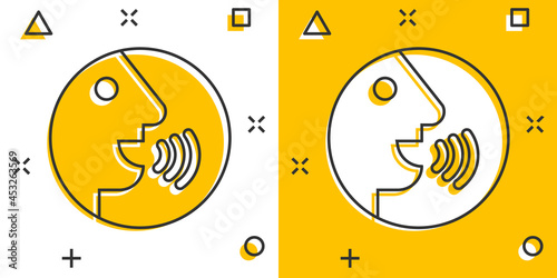 Voice command with sound waves icon in comic style. Speak control vector cartoon illustration pictogram. Speaker people business concept splash effect.