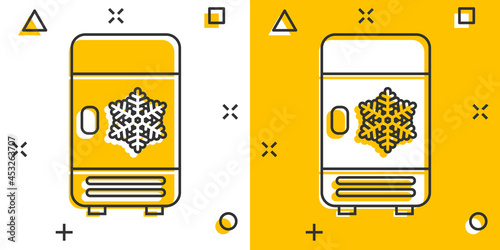 Fridge refrigerator icon in comic style. Freezer container vector cartoon illustration pictogram. Fridge business concept splash effect.