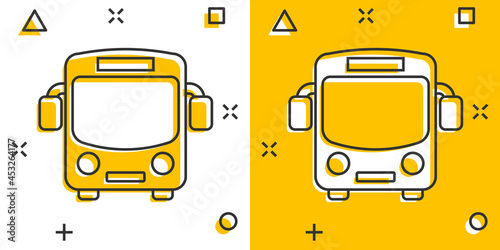 School bus icon in comic style. Autobus vector cartoon illustration on white isolated background. Coach transport business concept splash effect.