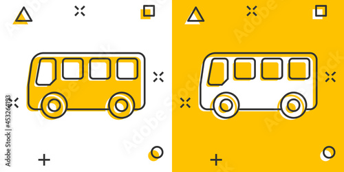 School bus icon in comic style. Autobus vector cartoon illustration on white isolated background. Coach transport business concept splash effect.