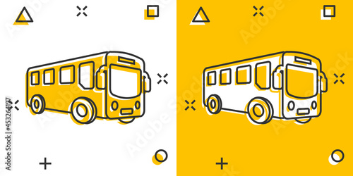School bus icon in comic style. Autobus vector cartoon illustration on white isolated background. Coach transport business concept splash effect.