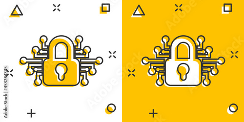 Cyber security icon in comic style. Padlock locked vector cartoon illustration on white isolated background. Closed password business concept splash effect.