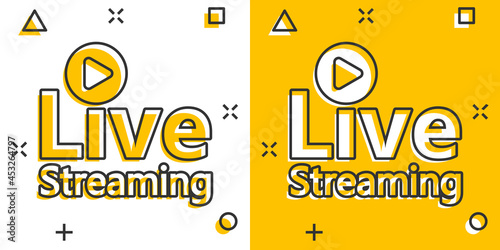 Live video icon in comic style. Streaming tv vector cartoon illustration on white isolated background. Broadcast business concept splash effect.