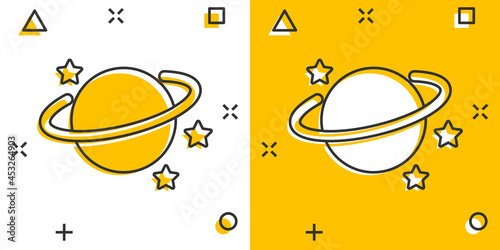 Saturn icon in comic style. Planet vector cartoon illustration on white isolated background. Galaxy space business concept splash effect.