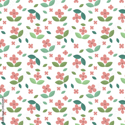 Cute Floral seamless pattern. small pink flowers and green leaves. white background. Design for fabric,fashion,print,product,tiles,packaging,wallpaper,clothing,wrapping.Vector illustration