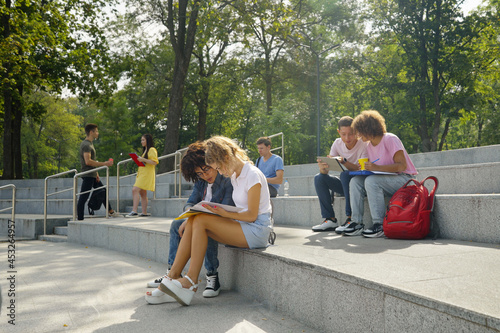 Multiethnic students in casual clothes sitting on stairs, reading books and talking. Handheld friends studying on campus on sunny day. Concept of education