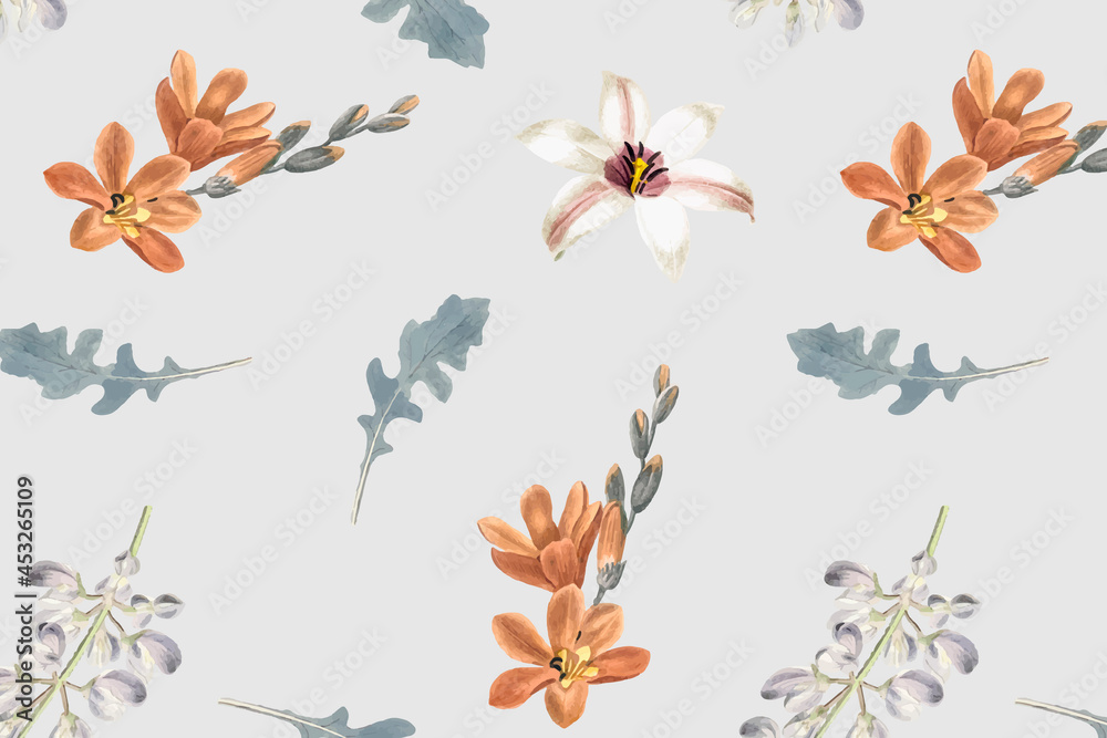 Floral seamless pattern on gray background