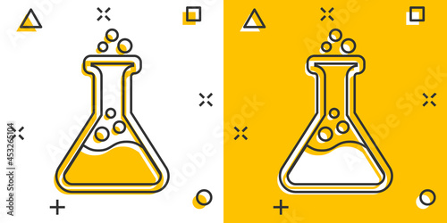 Chemistry beakers sign icon in comic style. Flask test tube vector cartoon illustration on white isolated background. Alchemy business concept splash effect.