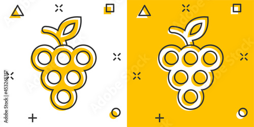 Grape fruits sign icon in comic style. Grapevine vector cartoon illustration on white isolated background. Wine grapes business concept splash effect.