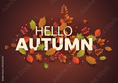 hello Autumn stylish background decorate with leaves and fruits. web banner. Vector illustration poster template design.