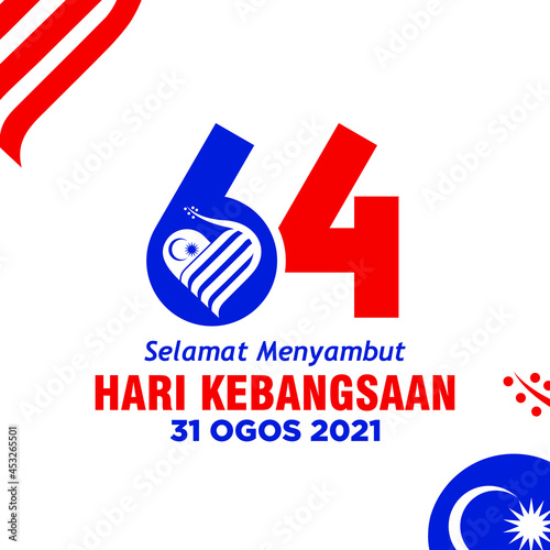 64 Selamat Menyambut Hari Kebangsaan  (Translate: Congratulation for National Day of Malaysia). 31 August 2021. Vector Illustration and Logo.