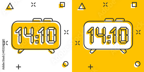 Clock sign icon in comic style. Time management vector cartoon illustration on white isolated background. Timer business concept splash effect.