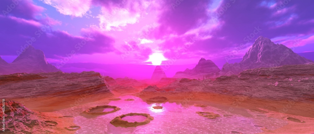 Panorama of an alien landscape, sunset on an alien planet, Titanium at sunrise, the surface of Titan at sunset, methane sea on an alien planet, 3D rendering - obrazy, fototapety, plakaty 
