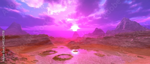 Foto Panorama of an alien landscape, sunset on an alien planet, Titanium at sunrise,