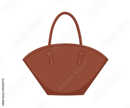 Fashion women leather handbag with rounded open top and handles. Modern stylish handheld basket tote bag with wide sides. Fashionable accessory. Flat vector illustration isolated on white background