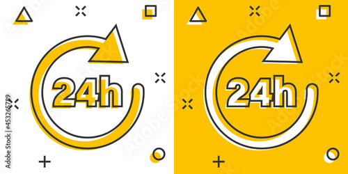 24 hours clock sign icon in comic style. Twenty four hour open vector cartoon illustration on white isolated background. Timetable business concept splash effect.