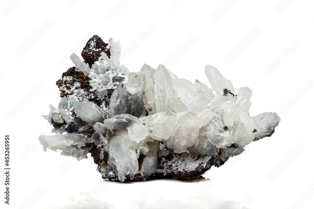 Macro mineral stone Drusus quartz with sphalerite in the rock a white background