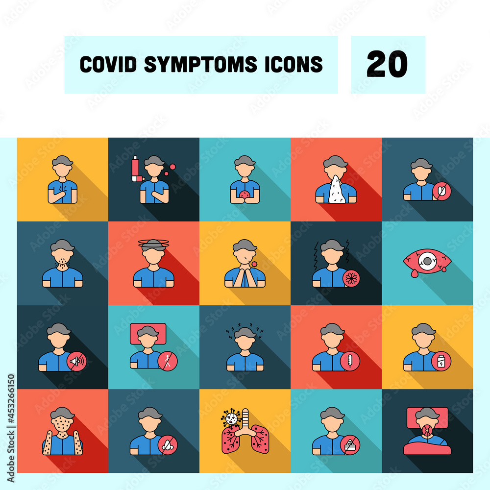 Flat Style Covid Symptoms Colorful Icon Set. Flat Style Covid Symptoms Colorful Icon Set.