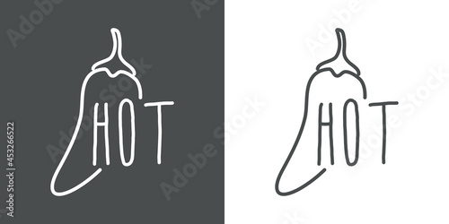Logotipo con texto manuscrito Hot escrito a mano en silueta de pimiento con lineas en fondo gris y fondo banco