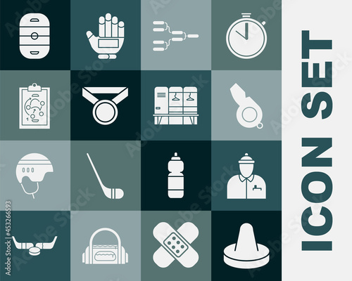 Set Mallet for playing air hockey, Hockey coach, Whistle, Championship tournament bracket, Medal, Planning strategy, Ice rink and Locker changing room icon. Vector