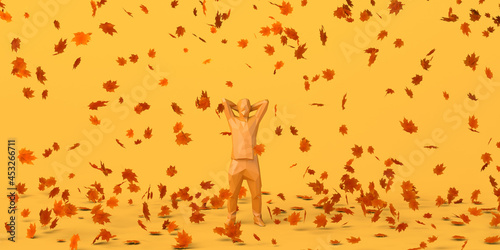 Man enjoying the fall season with falling leaves and arms over his head. Autumn pleasure. 3D illustration. Background. Header. Welcome autumn.
