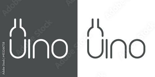 Logotipo con texto Vino en español con silueta de botella de vino como letra V con lineas en fondo gris y fondo banco
