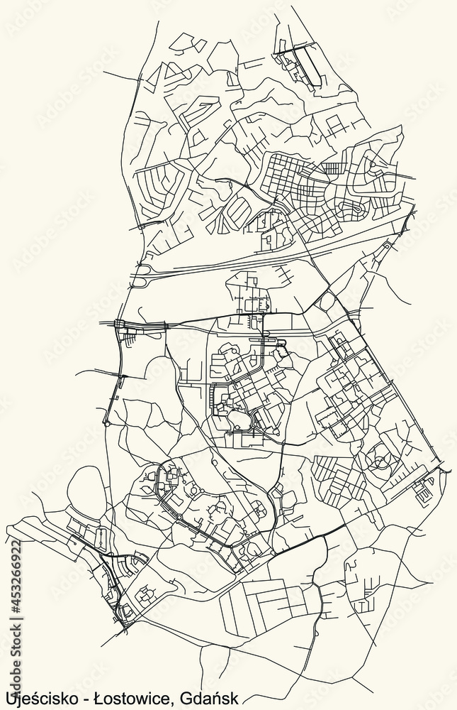 Black simple detailed street roads map on vintage beige background of the quarter Ujeścisko-Łostowice district of  Gdansk, Poland