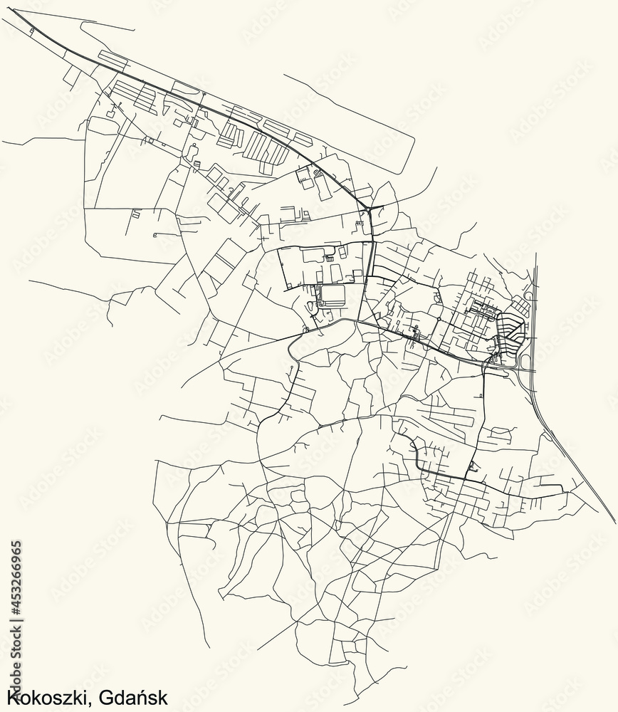 Black simple detailed street roads map on vintage beige background of the quarter Kokoszki district of  Gdansk, Poland