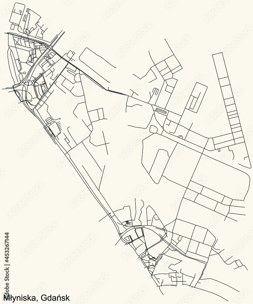 Black simple detailed street roads map on vintage beige background of the quarter Młyniska district of  Gdansk, Poland