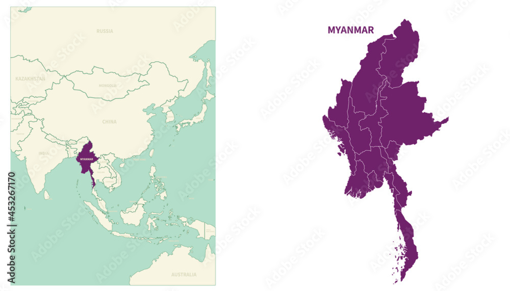 Myanmar map. map of Myanmar and neighboring countries.