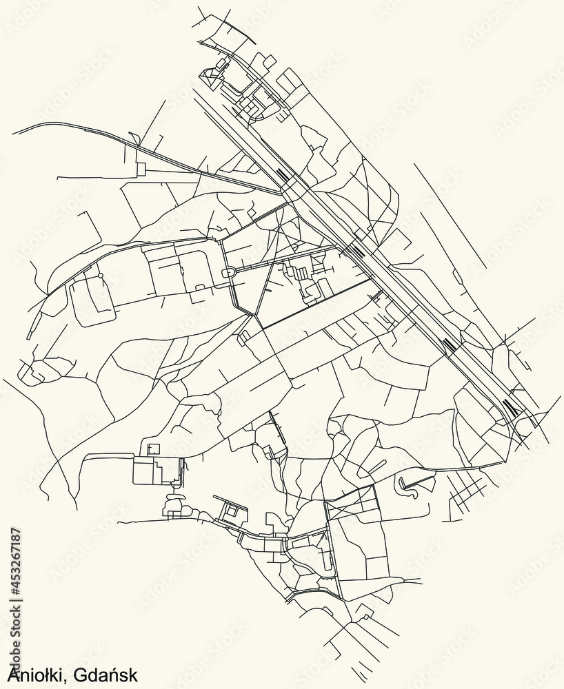 Fototapeta premium Black simple detailed street roads map on vintage beige background of the quarter Aniołki district of Gdansk, Poland