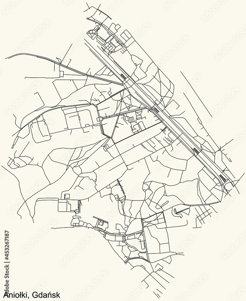 Black simple detailed street roads map on vintage beige background of the quarter Aniołki district of  Gdansk, Poland