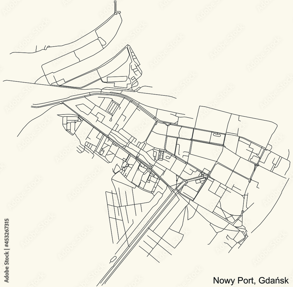 Black simple detailed street roads map on vintage beige background of the quarter Nowy Port district of  Gdansk, Poland