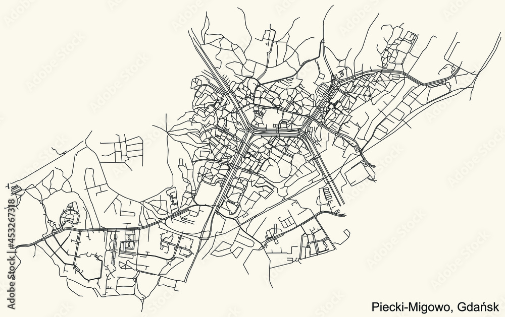 Black simple detailed street roads map on vintage beige background of the quarter Piecki-Migowo district of  Gdansk, Poland