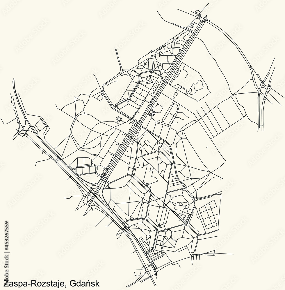 Black simple detailed street roads map on vintage beige background of the quarter Zaspa-Rozstaje district of  Gdansk, Poland