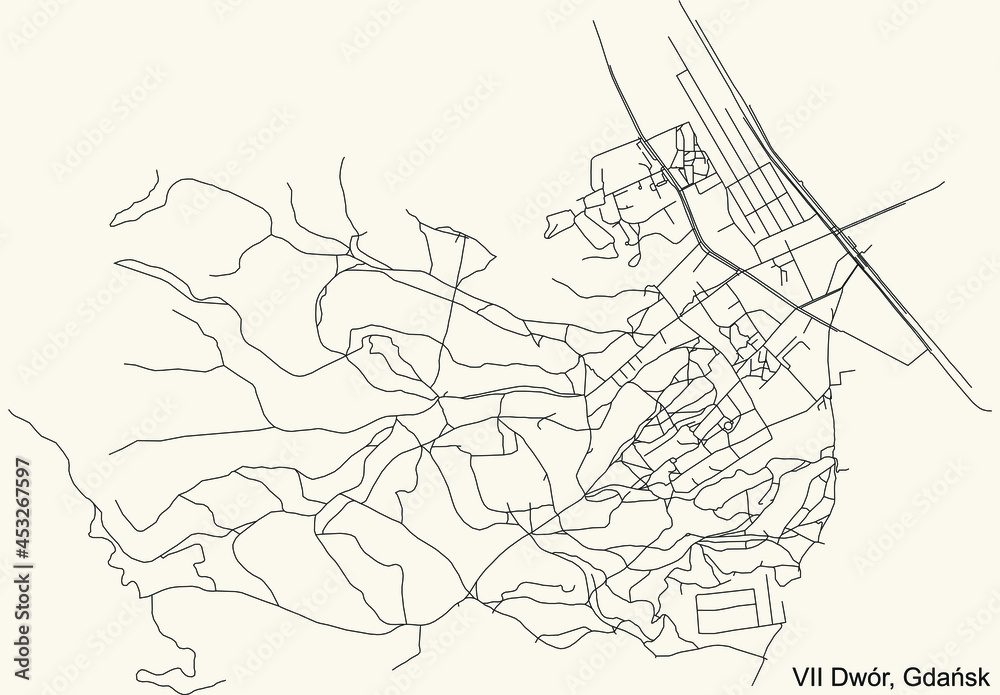 Black simple detailed street roads map on vintage beige background of the quarter VII Dwór district of  Gdansk, Poland