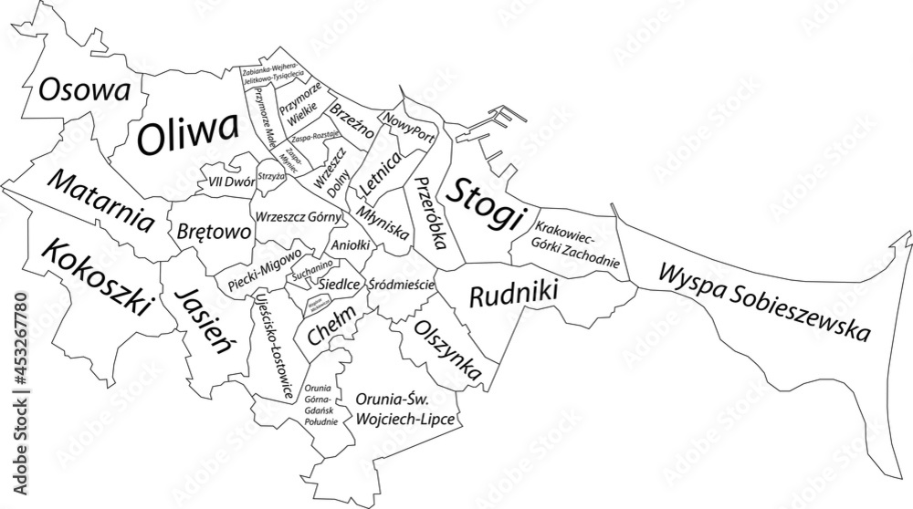 Obraz Prosta biała mapa wektorowa z czarnymi obramowaniami i nazwami sektorów Gdańska, Polska