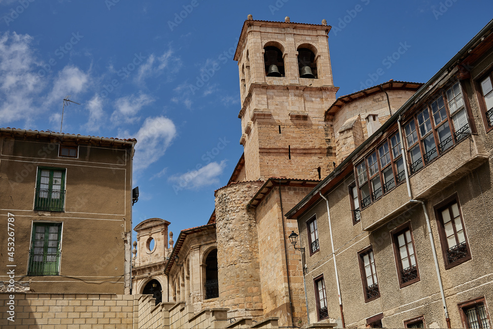 stairs of the main Romanesque church of Medina de Pomar, Castilla y Leon, Burgos, Spain
