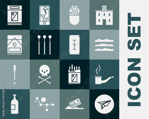 Set Messenger, Smoking pipe, Cocaine or heroin drug, Medicine pill tablet, Matches, Cigarettes pack box, and Blade razor icon. Vector