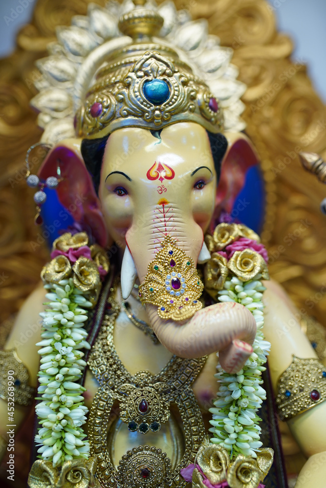 Ganesha Festival, Close Up Look Of Lord Ganesha statue with jewellery