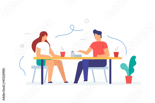 Girl and a guy are sitting in a cafe, rest, communication, relationships, social networks set of icons, illustration. Smartphones tablets user interface social media.Flat illustration Icons