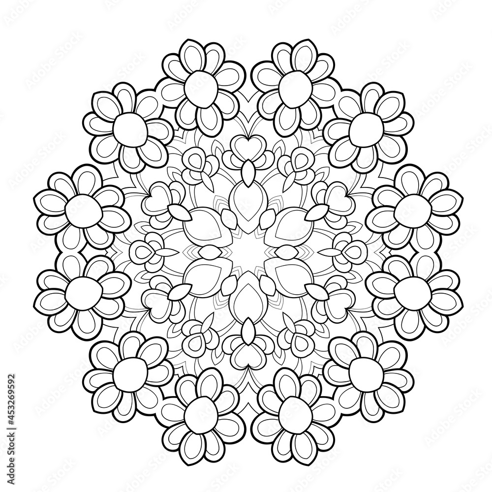 Decorative mandala with simple flowers and patterns on a white isolated bacgrkound. For coloring book pages.