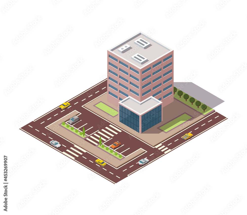 Obraz premium Offices isometric. Town apartment building with street and cars for city map creation. Infographic element. City house composition with roads