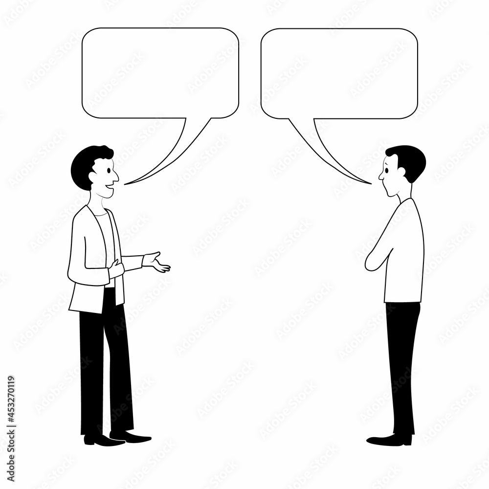 Two men are talking. Vector black outline image. Two men are talking. Vector black outline image.