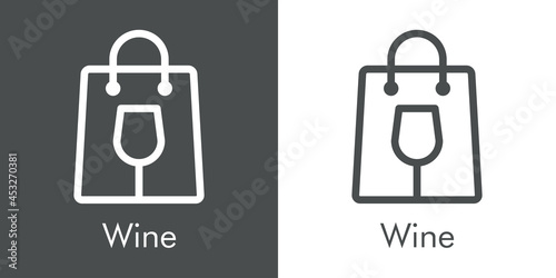 Logotipo con texto Wine con bolsa de la compra con copa de vino con líneas en fondo gris y fondo blanco