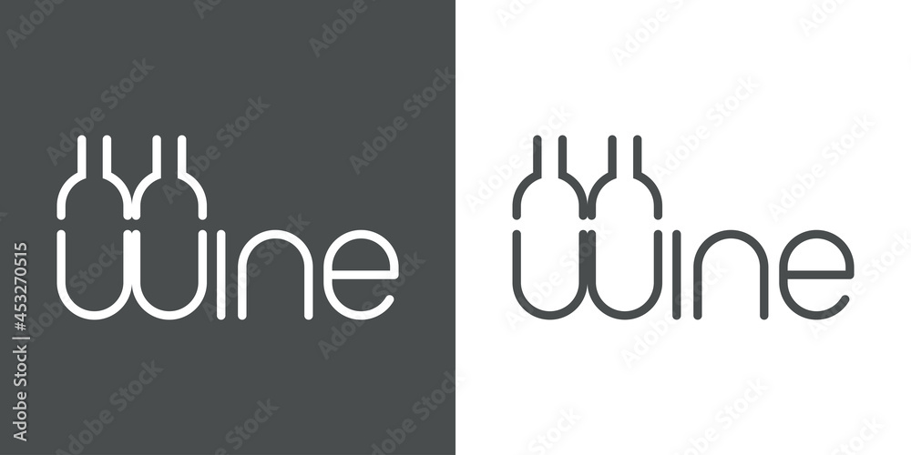 Logotipo con texto Wine con silueta de 2 botellas de vino como letra W con lineas en fondo gris y fondo banco Logotipo con texto Wine con silueta de 2 botellas de vino como letra W con lineas en fondo gris y fondo banco
