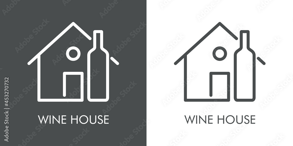 Logotipo con texto Wine House con silueta de botella de vino en casa con lineas en fondo gris y fondo blanco