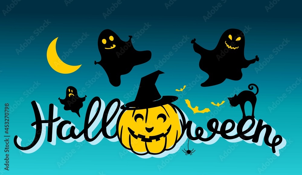 Fototapeta premium Halloween. A poster for the celebration of Halloween with ghosts, pumpkins, a black cat and bats on a dark green background. For use in web design, postcards, posters, printing. Vector illustration.